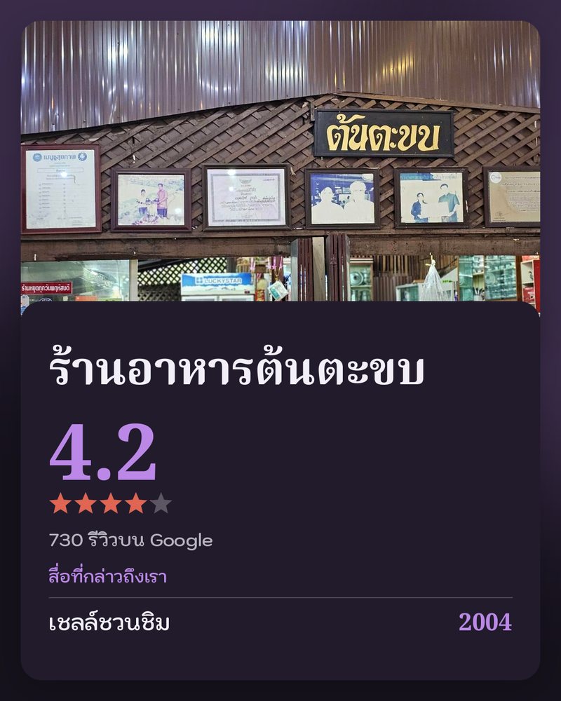 ร้านอาหารต้นตะขบ · Google 4.2 ★ · 730 รีวิวบน Google · สื่อที่กล่าวถึงเรา: เชลล์ชวนชิม 2004